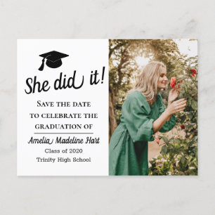 Simple   She Did It Save The Date Graduate Photo Postcard