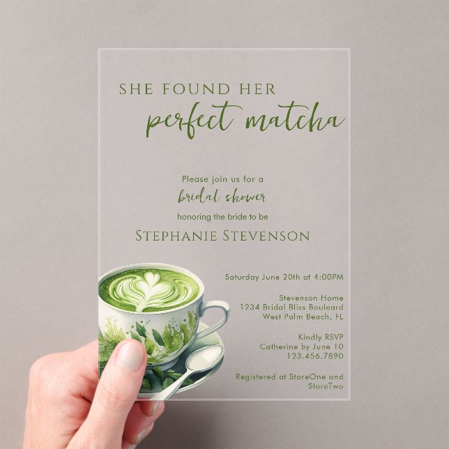 Simple She Found Her Perfect Matcha Bridal Shower Acrylic Invitations (Insitu (Handheld))
