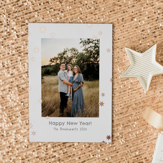Simple Shiny Stars One Photo Happy New Year Foil Holiday Card (Creator Uploaded)