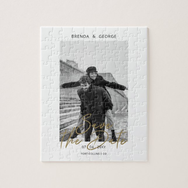 Simple Signature Minimalist Photo Save the Date Jigsaw Puzzle (Vertical)
