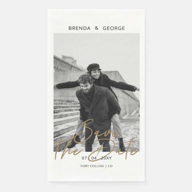 Simple Signature Minimalist Photo Save the Date Napkin (Front)