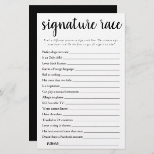 Simple Signature Race   Black and White Game Card