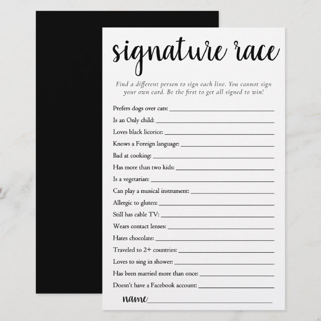 Simple Signature Race | Black and White Game Card (Front/Back)