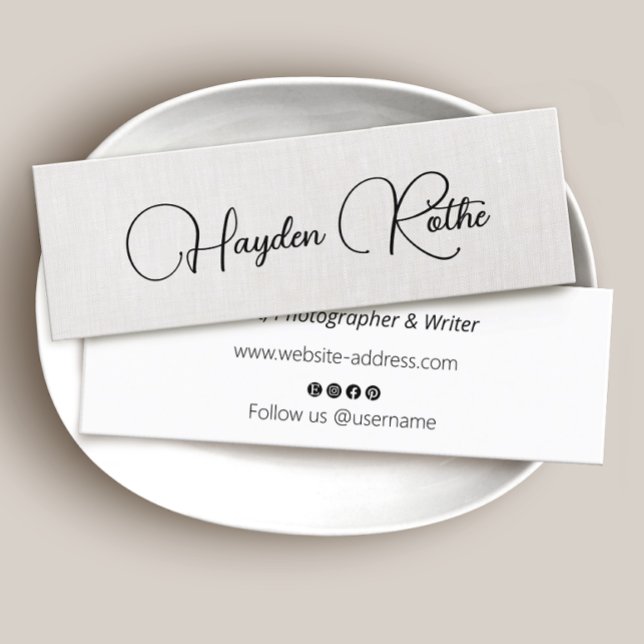 Simple Signature Script Beige Faux Linen Mini Business Card (Creator Uploaded)