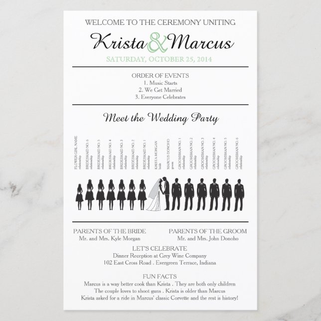 Simple Silhouettes Wedding Program with Timeline (Front)
