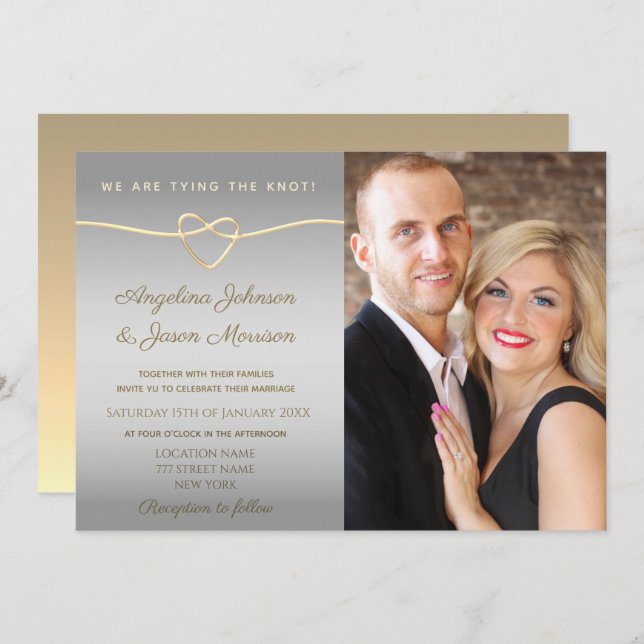 Simple Silver and Gold Photo Wedding Invitation (Front/Back)