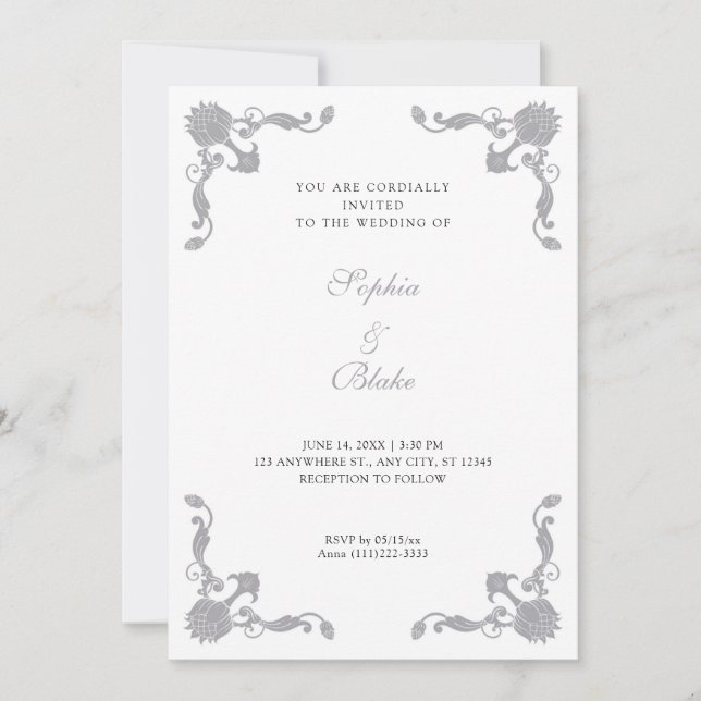 Simple Silver and White Art Deco Wedding Invitation (Front)