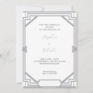 Simple Silver and White Vintage Art Deco Wedding Invitation