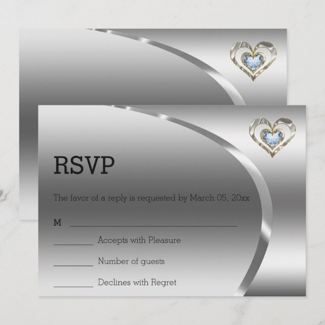 Simple Silver Background And Diamonds Heart Invitation (Front/Back)