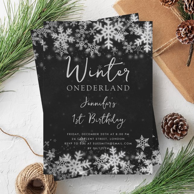 Simple Silver Black Winter ONEDERLAND 1st Birthday Invitation (Simple Silver Black Winter ONEDERLAND 1st Birthday Invitation)