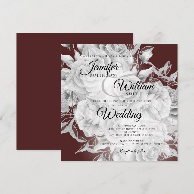 Simple Silver & Burgundy Elegant Floral Wedding (Front/Back)