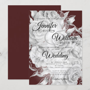 Simple Silver & Burgundy Elegant Floral Wedding Invitation