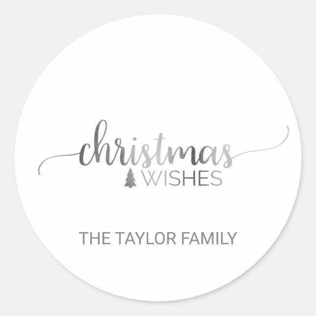 Simple Silver Calligraphy Christmas Classic Round Sticker (Front)