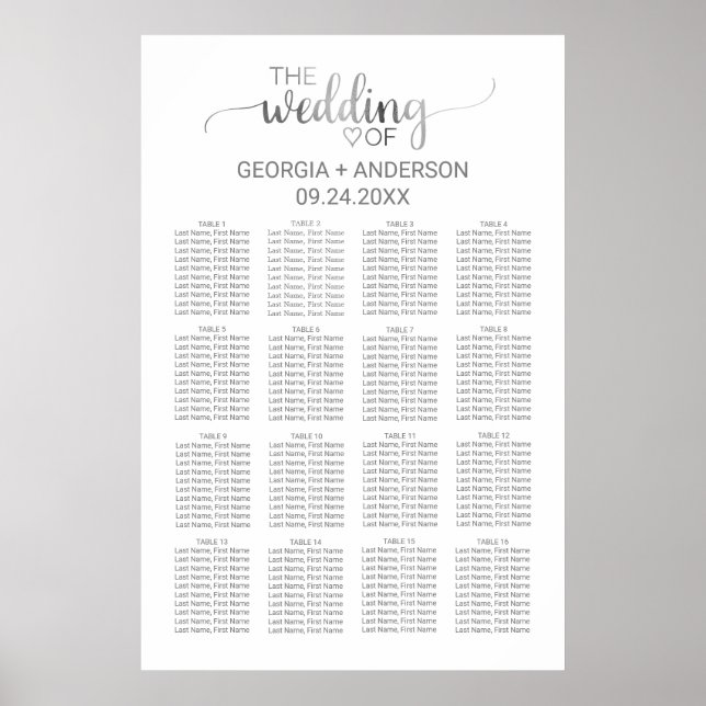 Simple Silver Calligraphy Wedding Seating Chart (Front)