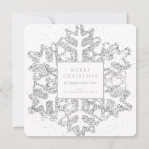 Simple Silver Christmas Glitter Snowflake Family Holiday Card