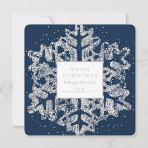 Simple Silver Christmas Glitter Snowflake Navy Holiday Card