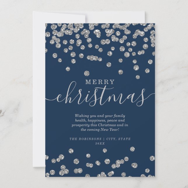 Simple Silver Christmas Holidays Glitter Navy Holiday Card (Front)