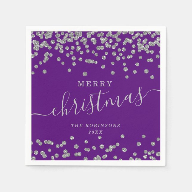 Simple Silver Christmas Holidays Glitter Purple Napkin (Front)