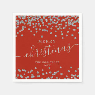Simple Silver Christmas Holidays Glitter Red Napkin