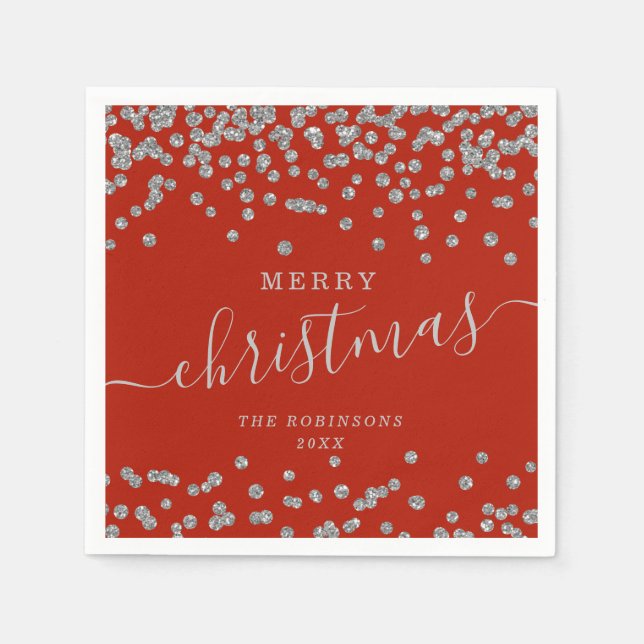 Simple Silver Christmas Holidays Glitter Red Napkin (Front)