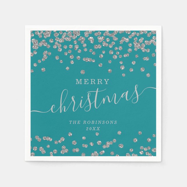 Simple Silver Christmas Holidays Glitter Teal Napkin (Front)