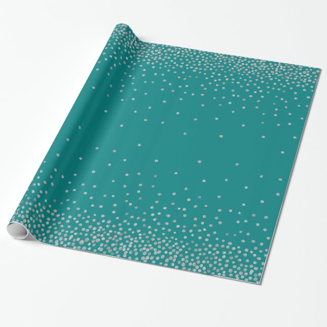 Simple Silver Confetti Over Teal Festive Wrapping Paper (Unrolled)