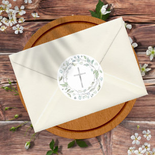 Simple Silver Cross Laurel Garland Greenery Classic Round Sticker