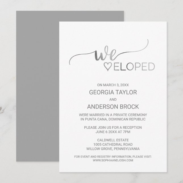 Simple Silver Foil Calligraphy Elopement Reception Invitation (Front/Back)