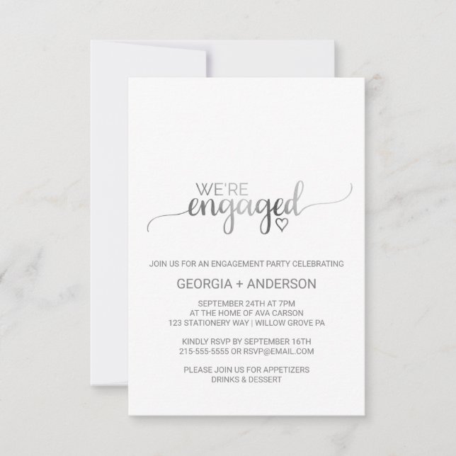 Simple Silver Foil Calligraphy Engagement Party RSVP Card (Front)