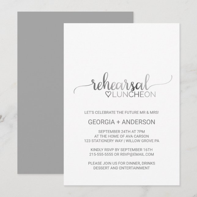 Simple Silver Foil Calligraphy Rehearsal Luncheon Invitation (Front/Back)