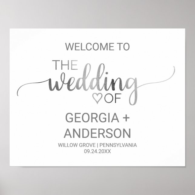 Simple Silver Foil Calligraphy Wedding Welcome Poster (Front)