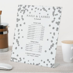 Simple Silver Glam Glitter Confetti Price Menu Pedestal Sign