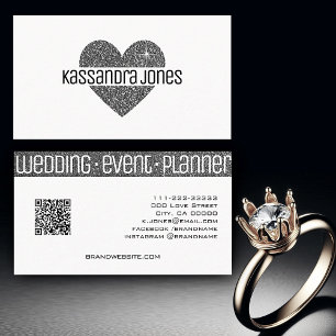Simple Silver Glitter Heart Shape Black White Chic Business Card