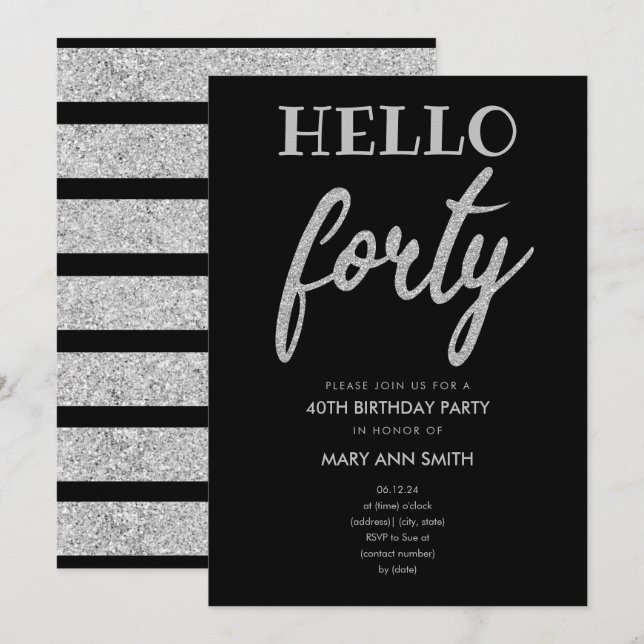 Simple Silver Glitter "Hello Forty" Birthday Party Invitation (Front/Back)