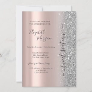 Simple Silver Glitter Rose Gold Sweet 16 Invitation