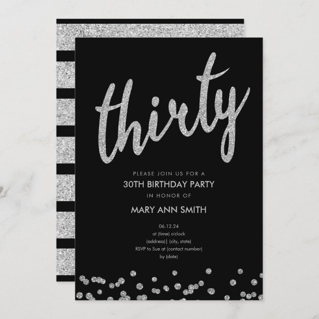 Simple Silver Glitter Type 30th Birthday Party Invitation (Front/Back)