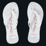 Simple Silver Lace & Red Maid of Honour Wedding Flip Flops<br><div class="desc">These beautiful wedding flip flops are a great way to thank and recognise your Maid of Honour while saving her feet at the same time. Features an elegant design with silver grey lace on a white background and fancy crimson red script lettering. The test reads Maid of Honour with her...</div>