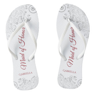 Simple Silver Lace & Red Maid of Honour Wedding Flip Flops