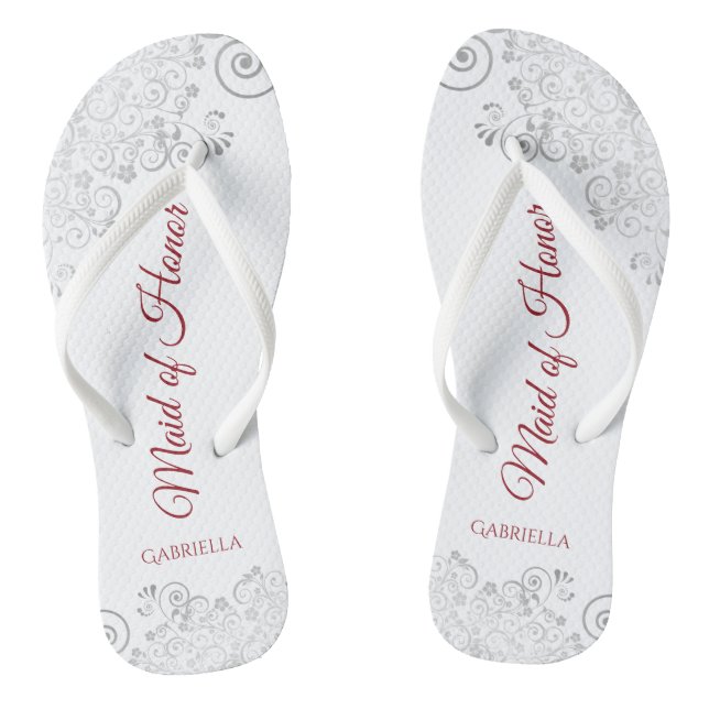 Simple Silver Lace & Red Maid of Honour Wedding Flip Flops (Footbed)