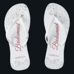 Simple Silver Lace & Red Script Bridesmaid Wedding Flip Flops<br><div class="desc">These elegant wedding flip flops are a great way to thank and recognise your bridesmaids, while giving their feet a rest after a long day. The beautiful design features an elegant design with silver grey lace frills on a white background and fancy crimson red script lettering. The test reads Bridesmaid...</div>