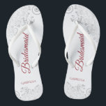 Simple Silver Lace & Red Script Bridesmaid Wedding Flip Flops<br><div class="desc">These elegant wedding flip flops are a great way to thank and recognise your bridesmaids, while giving their feet a rest after a long day. The beautiful design features an elegant design with silver grey lace frills on a white background and fancy crimson red script lettering. The test reads Bridesmaid...</div>