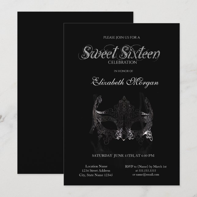 Simple Silver Masque Black Sweet 16 Invitation (Front/Back)