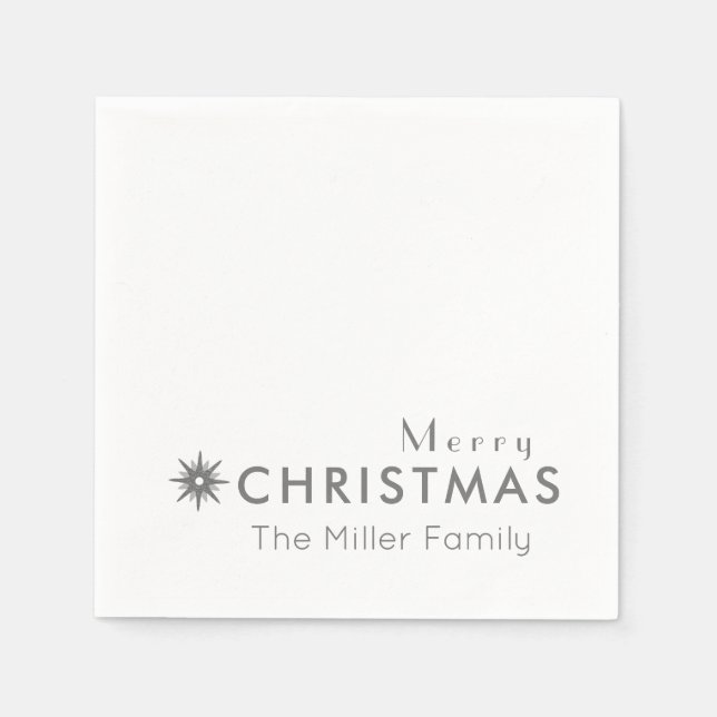 Simple Silver Merry Christmas Family Name Napkin (Front)
