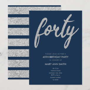Simple Silver Navy Glitter 40th Birthday Party Invitation