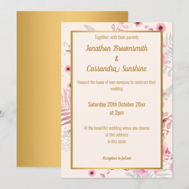 SIMPLE SILVER PINK GOLD FLORAL WEDDING GOLD INVITATION (Front/Back)