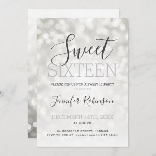 Simple Silver Sweet 16 Birthday Sparkly Lights Invitation