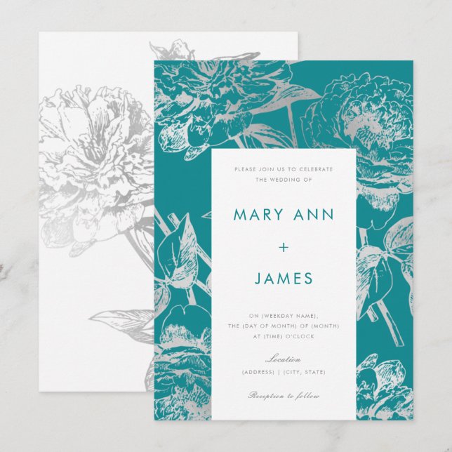 Simple Silver Teal Modern Floral Wedding Invitation (Front/Back)