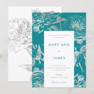 Simple Silver Teal Modern Floral Wedding Invitation