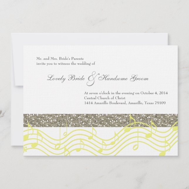 Simple Silver Yellow Grey Music Wedding Invitation (Front)