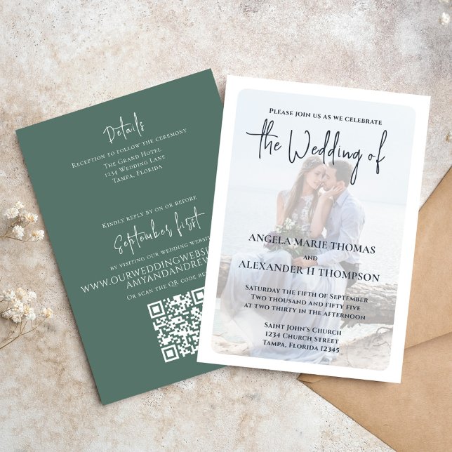 Simple Simple Green QR Code Elegant Minimal RSVP Invitation (Elegant Wedding invitation with a minimalist photo vellum photo overlay effect.)